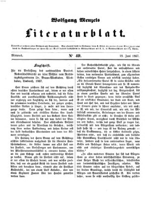 Literaturblatt (Morgenblatt für gebildete Stände) Mittwoch 19. Juni 1867