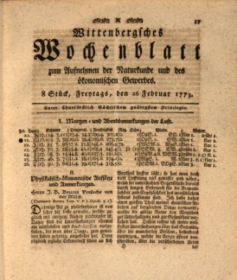 Wittenbergsches Wochenblatt zum Aufnehmen der Naturkunde und des ökonomischen Gewerbes Freitag 26. Februar 1773