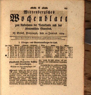 Wittenbergsches Wochenblatt zum Aufnehmen der Naturkunde und des ökonomischen Gewerbes Freitag 10. Juni 1774