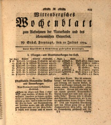 Wittenbergsches Wochenblatt zum Aufnehmen der Naturkunde und des ökonomischen Gewerbes Freitag 22. Juli 1774