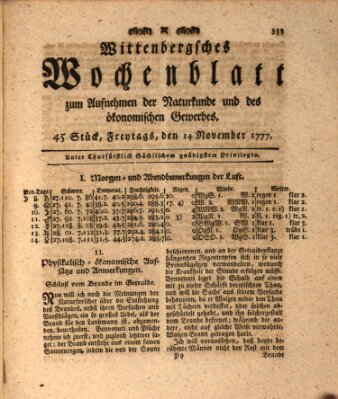 Wittenbergsches Wochenblatt zum Aufnehmen der Naturkunde und des ökonomischen Gewerbes Freitag 14. November 1777