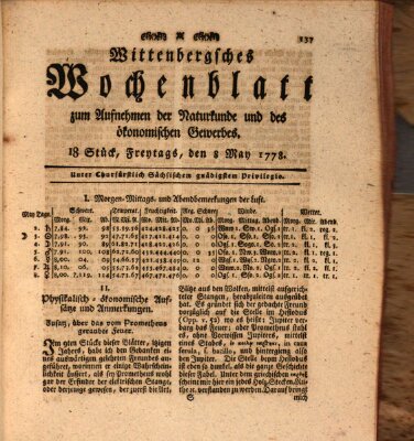 Wittenbergsches Wochenblatt zum Aufnehmen der Naturkunde und des ökonomischen Gewerbes Freitag 8. Mai 1778