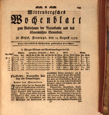 Wittenbergsches Wochenblatt zum Aufnehmen der Naturkunde und des ökonomischen Gewerbes Freitag 14. August 1778