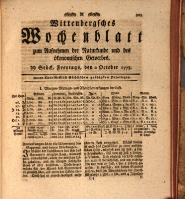 Wittenbergsches Wochenblatt zum Aufnehmen der Naturkunde und des ökonomischen Gewerbes Freitag 2. Oktober 1778