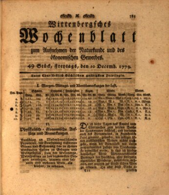 Wittenbergsches Wochenblatt zum Aufnehmen der Naturkunde und des ökonomischen Gewerbes Freitag 10. Dezember 1779
