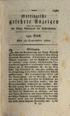Göttingische gelehrte Anzeigen (Göttingische Zeitungen von gelehrten Sachen) Samstag 18. September 1802
