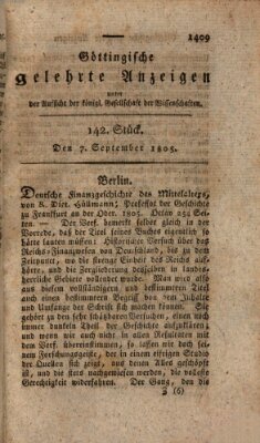 Göttingische gelehrte Anzeigen (Göttingische Zeitungen von gelehrten Sachen) Samstag 7. September 1805