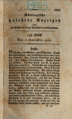 Göttingische gelehrte Anzeigen (Göttingische Zeitungen von gelehrten Sachen) Samstag 7. September 1805