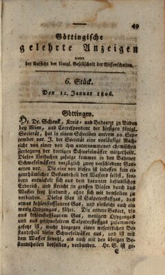 Göttingische gelehrte Anzeigen (Göttingische Zeitungen von gelehrten Sachen) Samstag 11. Januar 1806