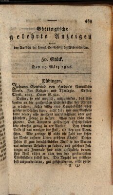 Göttingische gelehrte Anzeigen (Göttingische Zeitungen von gelehrten Sachen) Samstag 29. März 1806