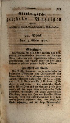 Göttingische gelehrte Anzeigen (Göttingische Zeitungen von gelehrten Sachen) Montag 4. Mai 1807