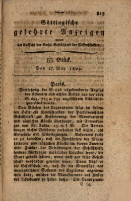 Göttingische gelehrte Anzeigen (Göttingische Zeitungen von gelehrten Sachen) Samstag 27. Mai 1809