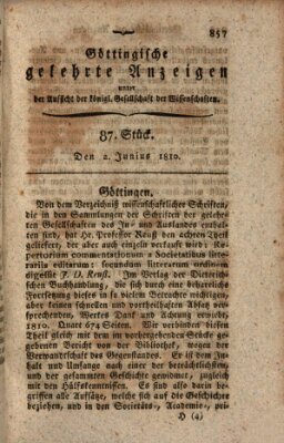 Göttingische gelehrte Anzeigen (Göttingische Zeitungen von gelehrten Sachen) Samstag 2. Juni 1810