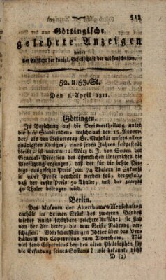 Göttingische gelehrte Anzeigen (Göttingische Zeitungen von gelehrten Sachen) Montag 1. April 1811