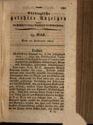 Göttingische gelehrte Anzeigen (Göttingische Zeitungen von gelehrten Sachen) Donnerstag 20. Februar 1812
