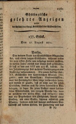 Göttingische gelehrte Anzeigen (Göttingische Zeitungen von gelehrten Sachen) Donnerstag 27. August 1812