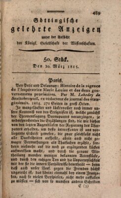 Göttingische gelehrte Anzeigen (Göttingische Zeitungen von gelehrten Sachen) Donnerstag 30. März 1815