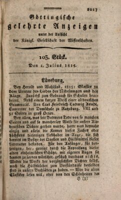 Göttingische gelehrte Anzeigen (Göttingische Zeitungen von gelehrten Sachen) Samstag 1. Juli 1815