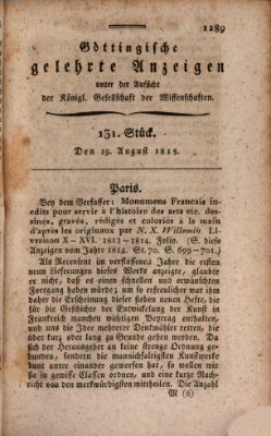 Göttingische gelehrte Anzeigen (Göttingische Zeitungen von gelehrten Sachen) Samstag 19. August 1815