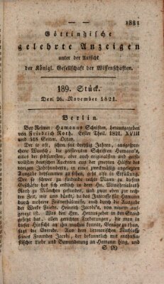 Göttingische gelehrte Anzeigen (Göttingische Zeitungen von gelehrten Sachen) Montag 26. November 1821