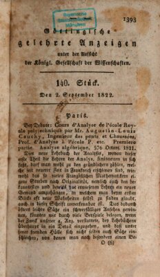 Göttingische gelehrte Anzeigen (Göttingische Zeitungen von gelehrten Sachen) Montag 2. September 1822