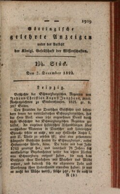 Göttingische gelehrte Anzeigen (Göttingische Zeitungen von gelehrten Sachen) Samstag 7. Dezember 1822