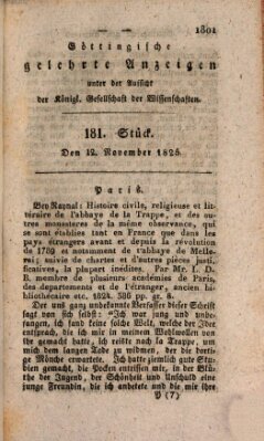 Göttingische gelehrte Anzeigen (Göttingische Zeitungen von gelehrten Sachen) Samstag 12. November 1825