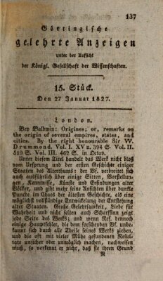 Göttingische gelehrte Anzeigen (Göttingische Zeitungen von gelehrten Sachen) Samstag 27. Januar 1827
