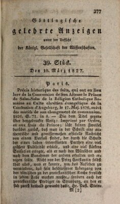 Göttingische gelehrte Anzeigen (Göttingische Zeitungen von gelehrten Sachen) Samstag 10. März 1827