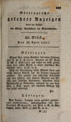 Göttingische gelehrte Anzeigen (Göttingische Zeitungen von gelehrten Sachen) Donnerstag 26. April 1827