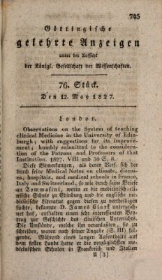 Göttingische gelehrte Anzeigen (Göttingische Zeitungen von gelehrten Sachen) Samstag 12. Mai 1827