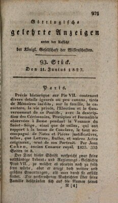 Göttingische gelehrte Anzeigen (Göttingische Zeitungen von gelehrten Sachen) Montag 11. Juni 1827