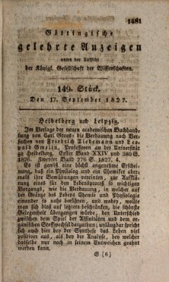 Göttingische gelehrte Anzeigen (Göttingische Zeitungen von gelehrten Sachen) Montag 17. September 1827