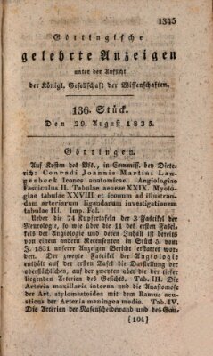 Göttingische gelehrte Anzeigen (Göttingische Zeitungen von gelehrten Sachen) Samstag 29. August 1835