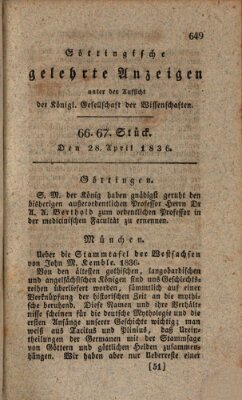 Göttingische gelehrte Anzeigen (Göttingische Zeitungen von gelehrten Sachen) Donnerstag 28. April 1836