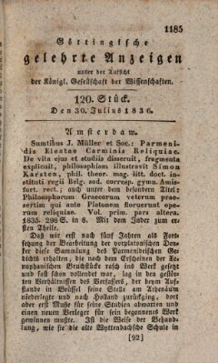 Göttingische gelehrte Anzeigen (Göttingische Zeitungen von gelehrten Sachen) Samstag 30. Juli 1836