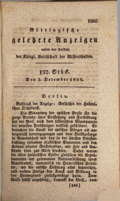 Göttingische gelehrte Anzeigen (Göttingische Zeitungen von gelehrten Sachen) Samstag 3. Dezember 1836
