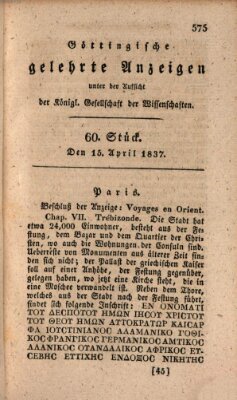 Göttingische gelehrte Anzeigen (Göttingische Zeitungen von gelehrten Sachen) Samstag 15. April 1837