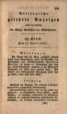 Göttingische gelehrte Anzeigen (Göttingische Zeitungen von gelehrten Sachen) Montag 17. April 1837