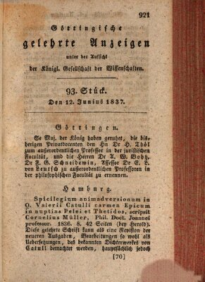 Göttingische gelehrte Anzeigen (Göttingische Zeitungen von gelehrten Sachen) Montag 12. Juni 1837