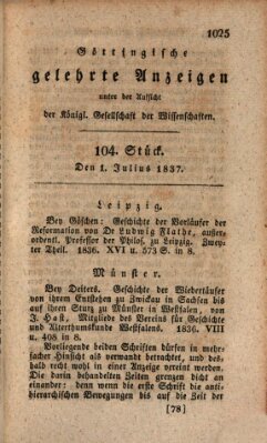 Göttingische gelehrte Anzeigen (Göttingische Zeitungen von gelehrten Sachen) Samstag 1. Juli 1837