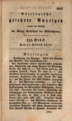 Göttingische gelehrte Anzeigen (Göttingische Zeitungen von gelehrten Sachen) Montag 17. Juli 1837