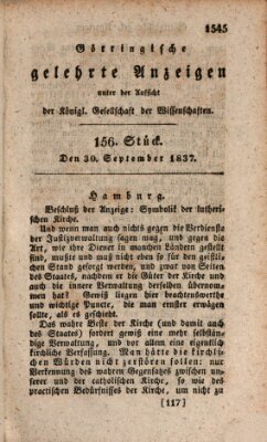 Göttingische gelehrte Anzeigen (Göttingische Zeitungen von gelehrten Sachen) Samstag 30. September 1837