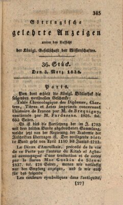 Göttingische gelehrte Anzeigen (Göttingische Zeitungen von gelehrten Sachen) Samstag 3. März 1838