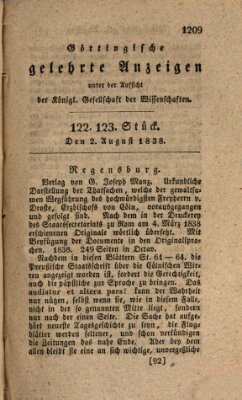 Göttingische gelehrte Anzeigen (Göttingische Zeitungen von gelehrten Sachen) Donnerstag 2. August 1838