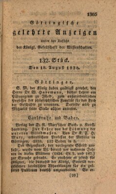 Göttingische gelehrte Anzeigen (Göttingische Zeitungen von gelehrten Sachen) Samstag 18. August 1838