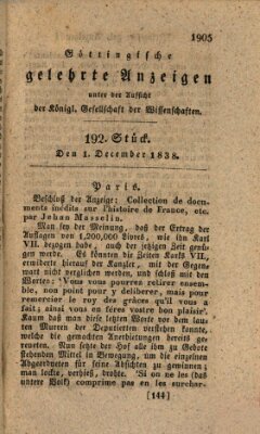 Göttingische gelehrte Anzeigen (Göttingische Zeitungen von gelehrten Sachen) Samstag 1. Dezember 1838