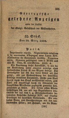 Göttingische gelehrte Anzeigen (Göttingische Zeitungen von gelehrten Sachen) Samstag 30. März 1839