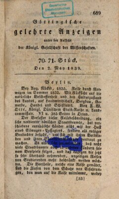 Göttingische gelehrte Anzeigen (Göttingische Zeitungen von gelehrten Sachen) Donnerstag 2. Mai 1839