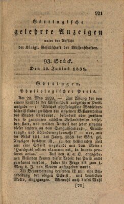 Göttingische gelehrte Anzeigen (Göttingische Zeitungen von gelehrten Sachen) Montag 10. Juni 1839